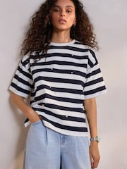 Navy/White Short Sleeve Embellished Stripe T-Shirt - Image 1 of 3