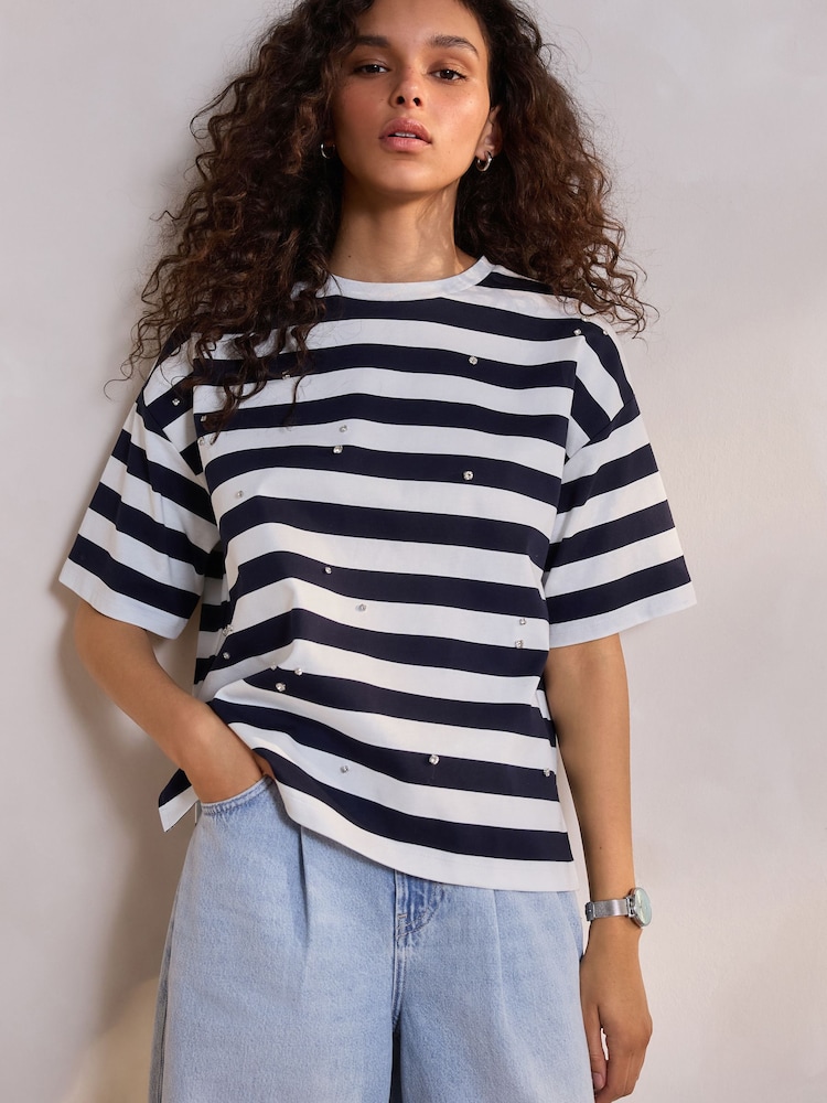 Navy/White Short Sleeve Embellished Stripe T-Shirt - Image 1 of 3