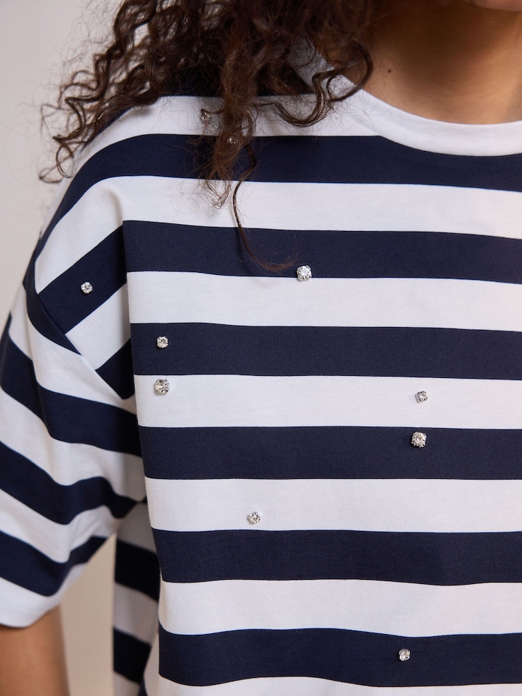 Navy/White Short Sleeve Embellished Stripe T-Shirt - Image 3 of 3