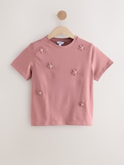 Розовый - Short Sleeve Floral Print Embellished T-Shirt - Image 1 of 3