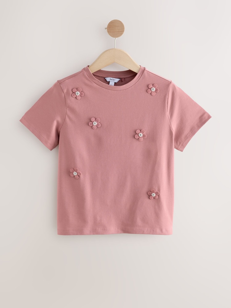 Rosa - Short Sleeve Floral Print Embellished T-Shirt - Imagen 1 de 3 Rosa - Short Sleeve Floral Print Embellished T-Shirt - Imagen 1 de 3