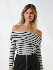ONLY White Striped Bardot Long Sleeve Top - Image 1 of 7
