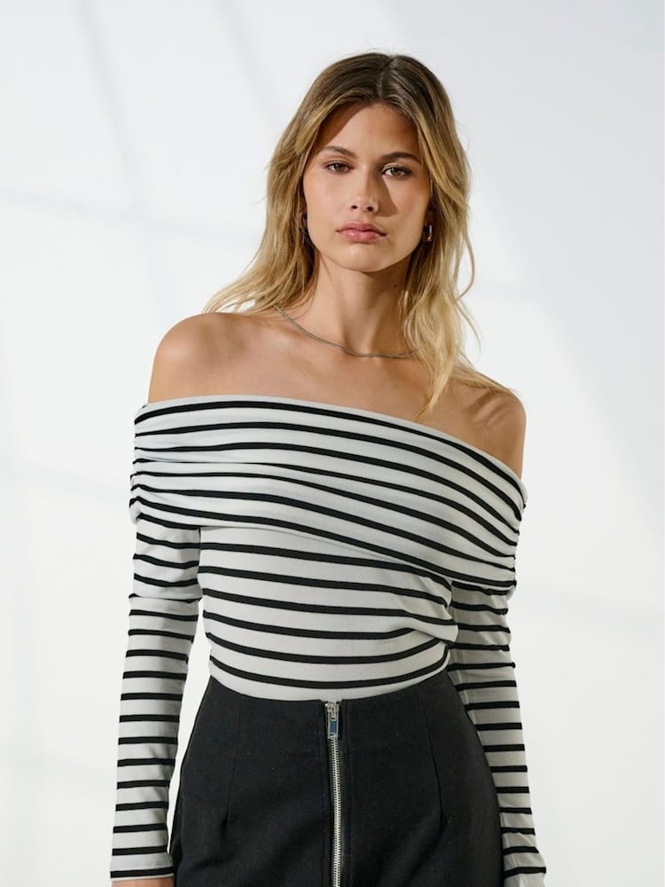 ONLY White Striped Bardot Long Sleeve Top - Image 1 of 7