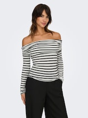 ONLY White Striped Bardot Long Sleeve Top - Image 2 of 7