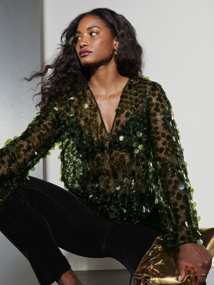 Green Sheer Sequin Long Sleeve V-Neck Top - Image 1 of 7