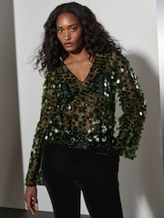 Green Sheer Sequin Long Sleeve V-Neck Top - Image 2 of 7