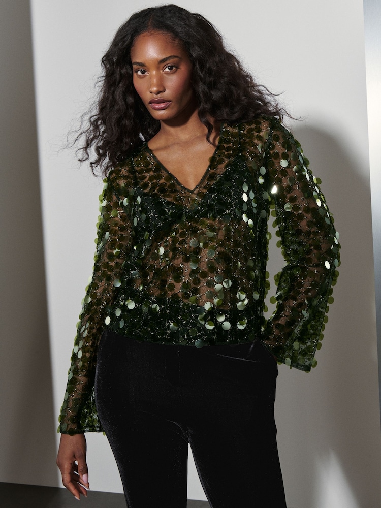 Green Sheer Sequin Long Sleeve V-Neck Top - Image 2 of 7
