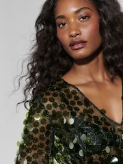 Green Sheer Sequin Long Sleeve V-Neck Top - Image 4 of 7