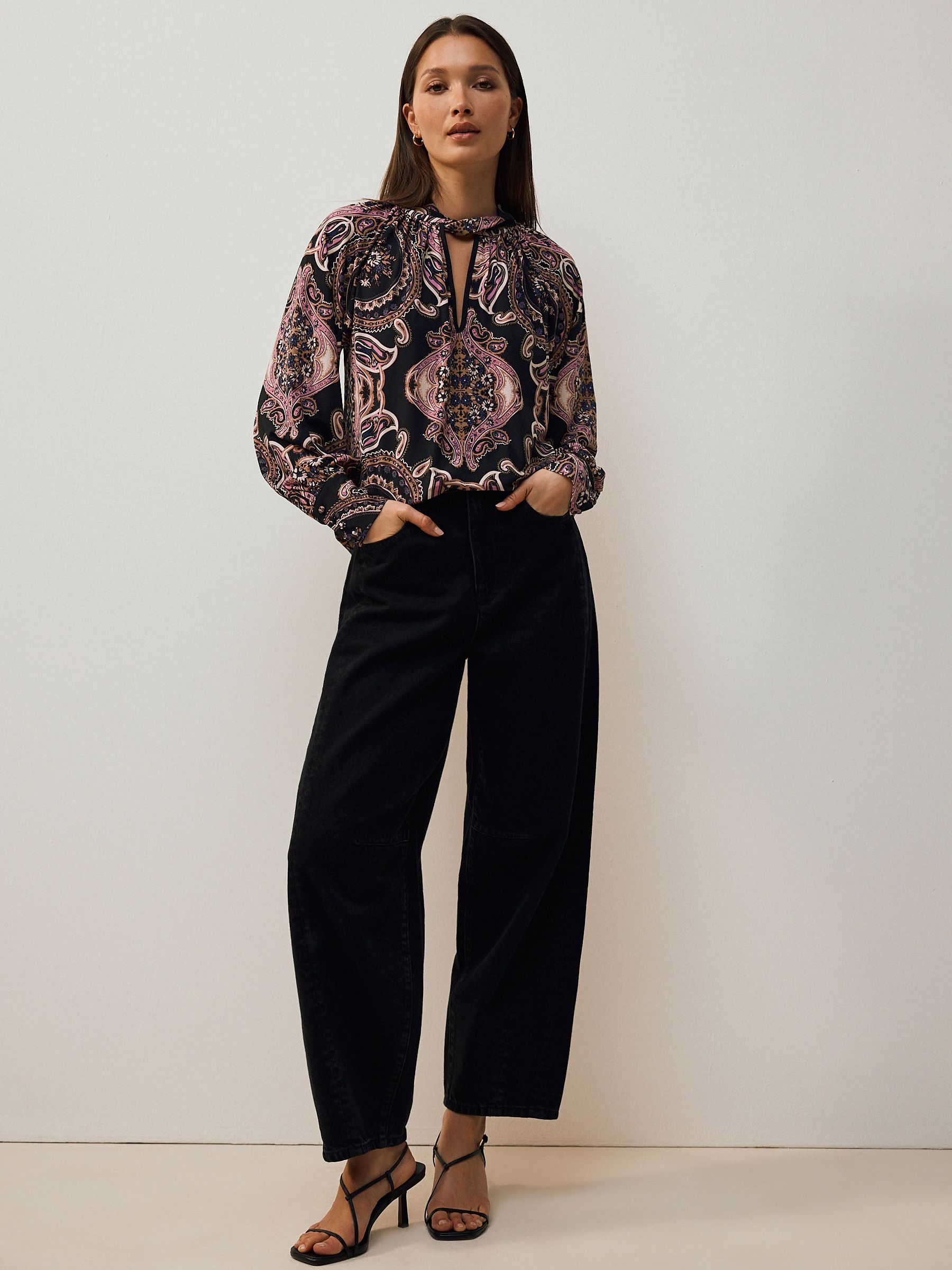 Buy Black/Pink Paisley Long Sleeve Twist Neck Jersey Blouse from