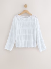 White Shirred Long Sleeve Crew Neck Top - Image 5 of 7