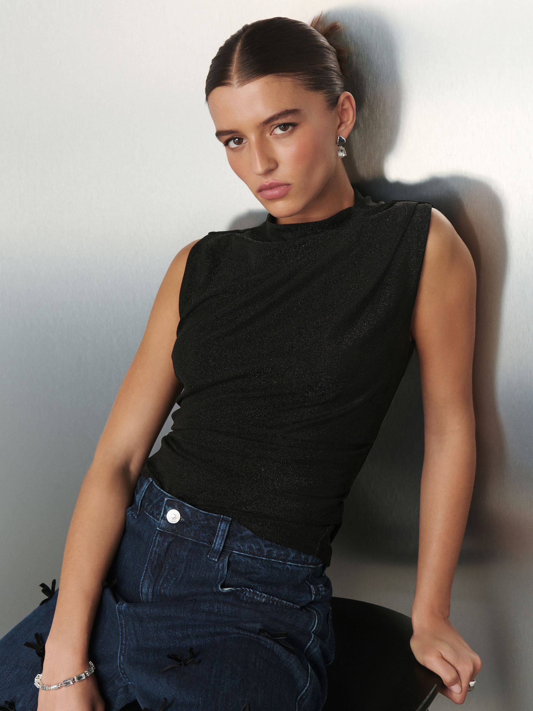 Buy Black Drape High Neck Sleeveless Jacquard Top from the Next UK