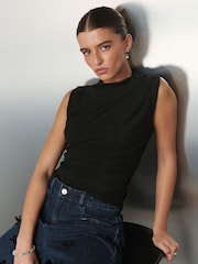 Black Drape High Neck Sleeveless Jacquard Top - Image 1 of 10