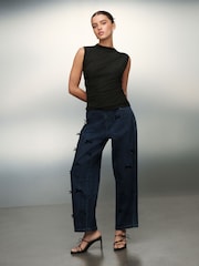 Black Drape High Neck Sleeveless Jacquard Top - Image 2 of 10