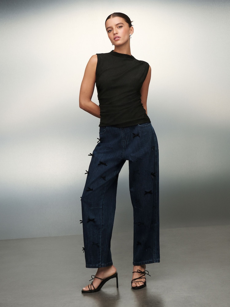 Black Drape High Neck Sleeveless Jacquard Top - Image 2 of 10