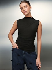 Black Drape High Neck Sleeveless Jacquard Top - Image 3 of 10