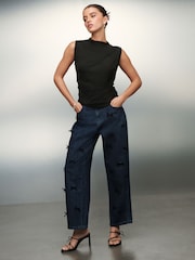 Black Drape High Neck Sleeveless Jacquard Top - Image 4 of 10
