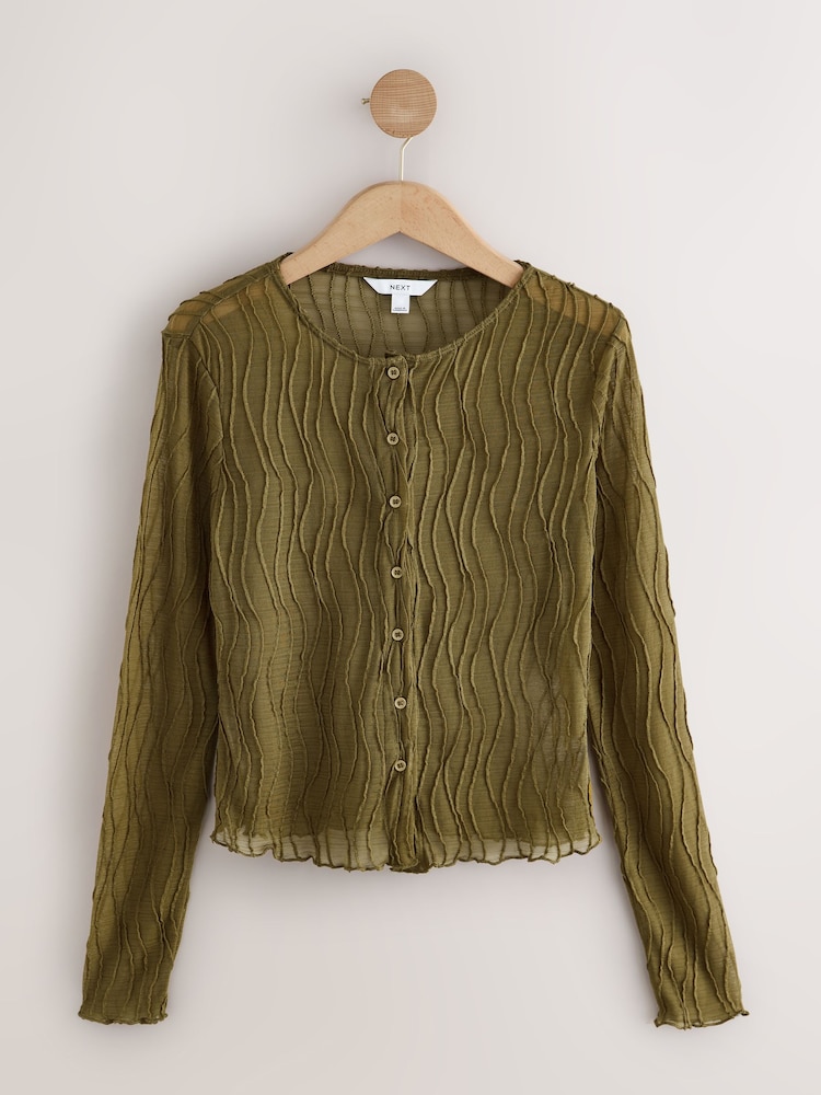 Olive Green Texture Mesh Long Sleeve Cardigan - Image 1 of 3