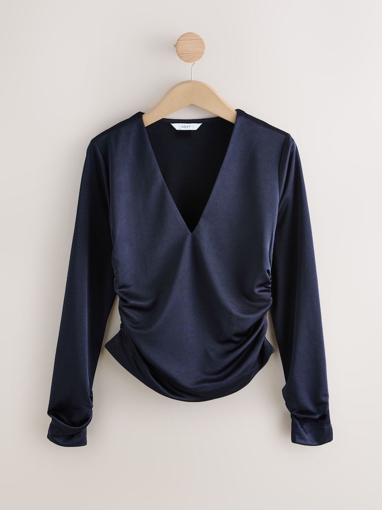 Navy Satin Jersey V-Neck Long Sleeve Top - Image 1 of 3 Navy Satin Jersey V-Neck Long Sleeve Top - Image 1 of 3