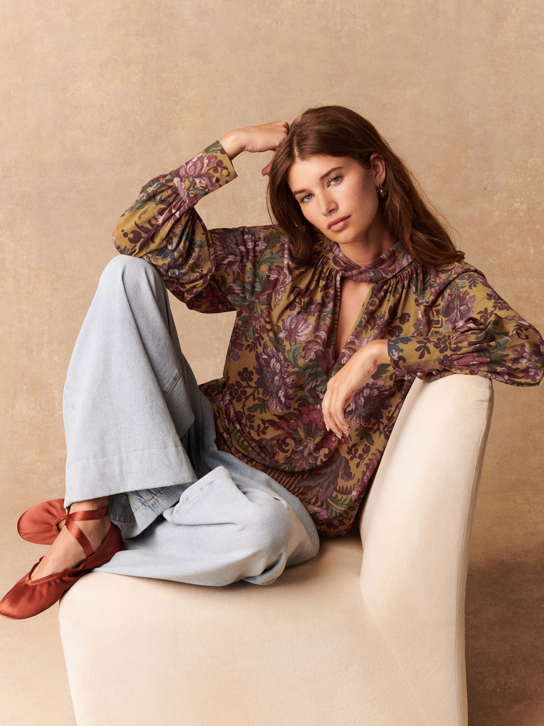 Buy Olive Green Floral Long Sleeve Twist Neck Jersey Blouse from