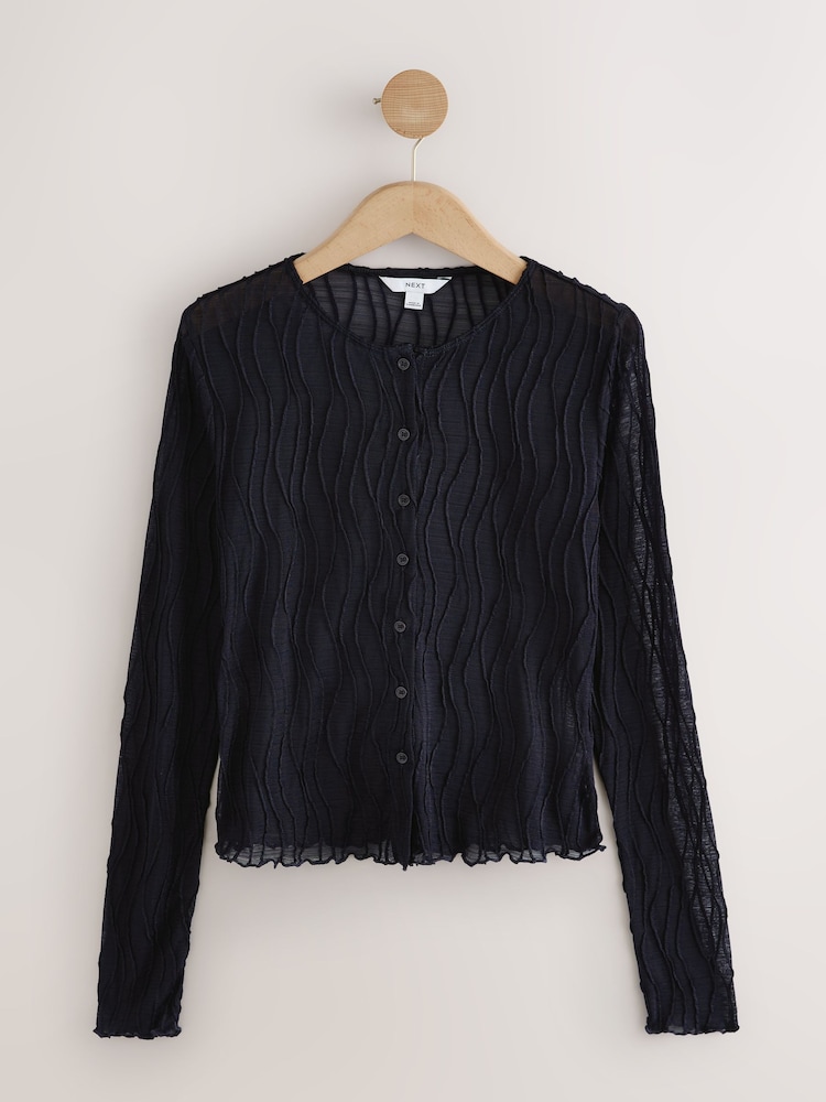 Navy Texture Mesh Long Sleeve Cardigan - Image 1 of 3