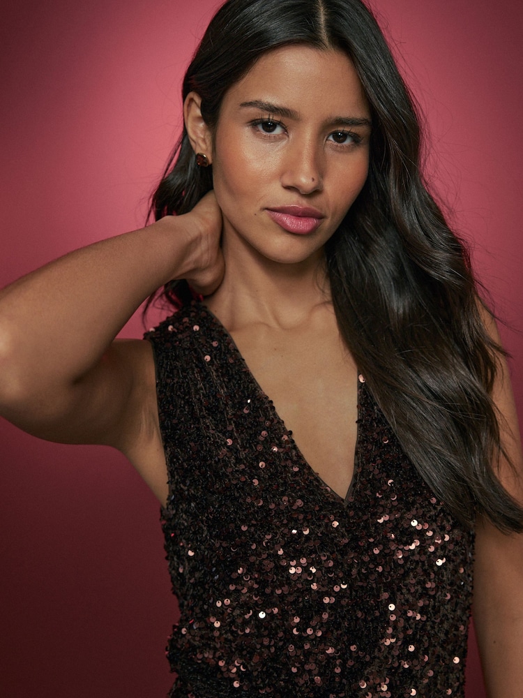 Buy Chocolate Brown V-Neck Sleeveless Sequin Top from Next USA