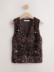 Chocolate Brown V-Neck Sleeveless Sequin Top - Image 6 of 8