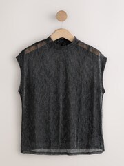 Silver/Black Metallic Sparkle Sheer Layer Cap Sleeve Top - Image 1 of 3