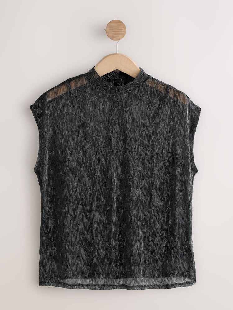 Silver/Black Metallic Sparkle Sheer Layer Cap Sleeve Top - Image 1 of 3