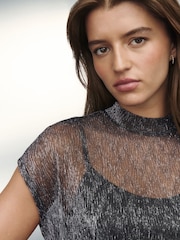 Silber/Schwarz - Metallic Sparkle Sheer Layer Cap Sleeve Top - Bild 5 von 8