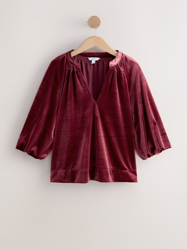 Brusnično rdeča - Velvet Volume Sleeve V-Neck Blouse - Slika 1 iz 4