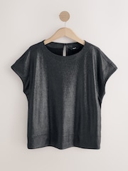 Black Metallic Lame Short Sleeve Boxy T-Shirt - Image 1 of 3