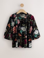 Black Kew Floral Print - Velvet Volume Sleeve V-Neck Blouse - Slika 1 iz 3