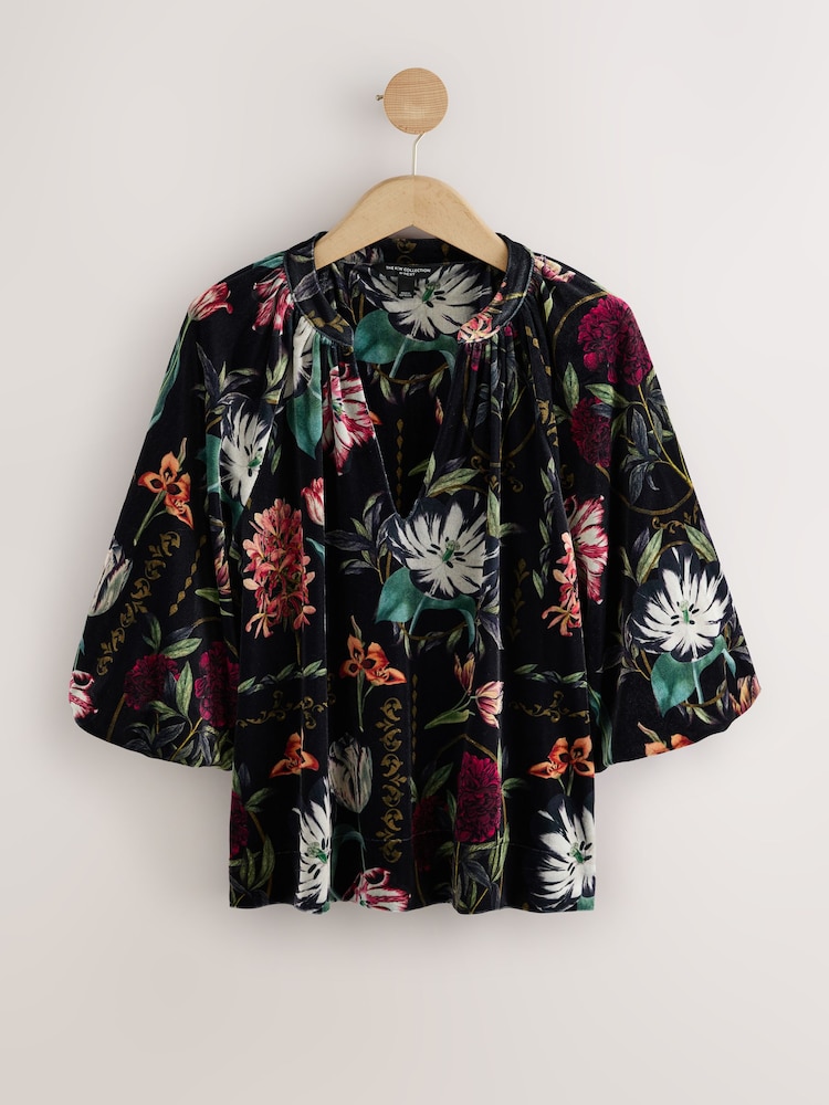 Black Kew Floral Print - Velvet Volume Sleeve V-Neck Blouse - Slika 1 iz 3