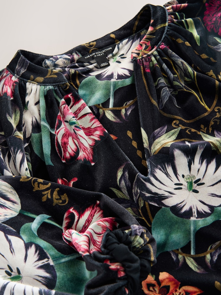 Black Kew Floral Print - Velvet Volume Sleeve V-Neck Blouse - Slika 2 iz 3