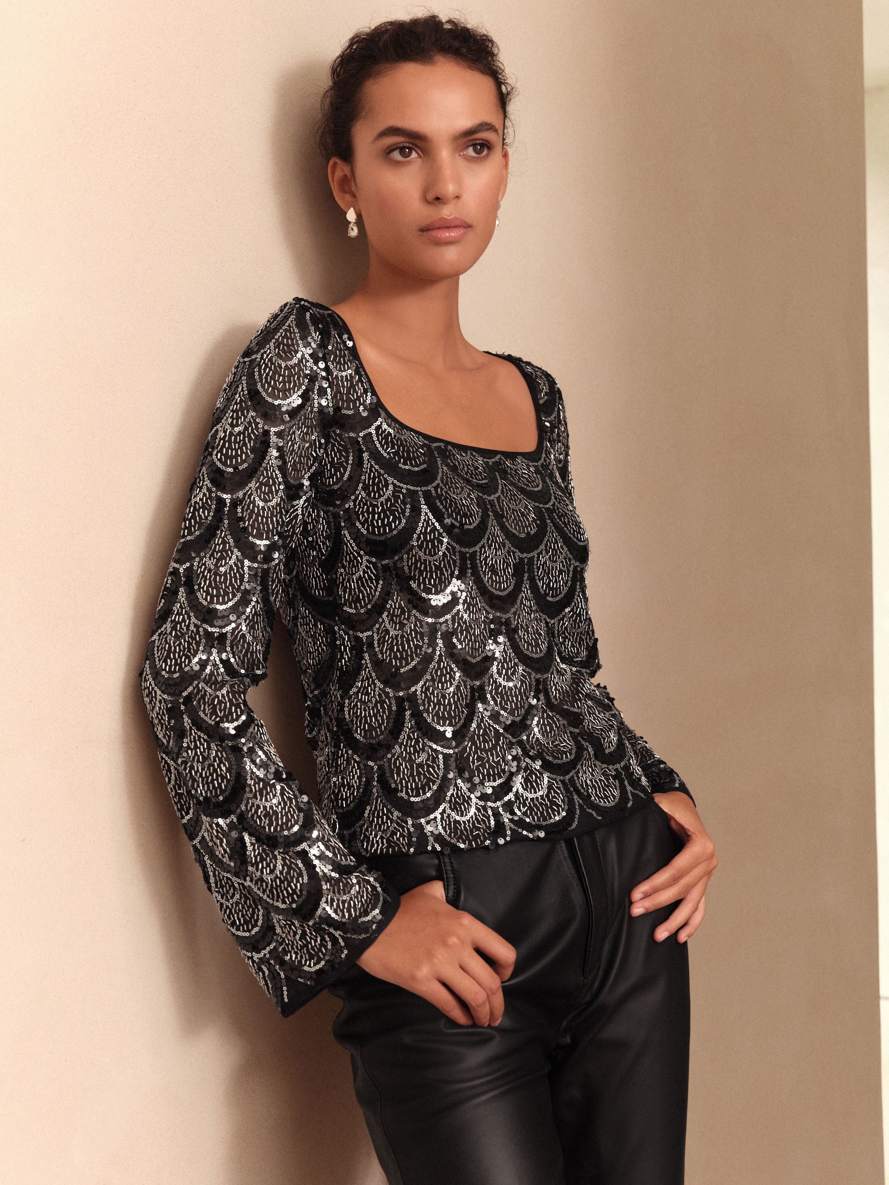Buy Black Deco N.Premium Square Neck Long Sleeve Sequin Top from