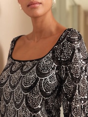 Black Deco N.Premium Square Neck Long Sleeve Sequin Top - Image 2 of 5