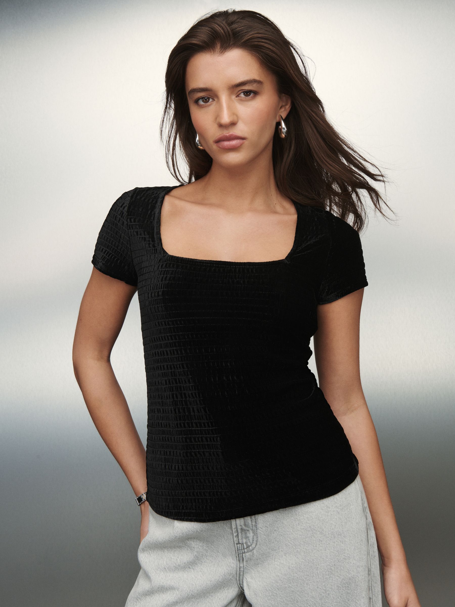 Buy Black Short Sleeve Square Neck Shirred Velvet Top from Next USA