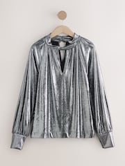 Silver Long Sleeve Twist Neck Metallic Lame Blouse - Image 1 of 4