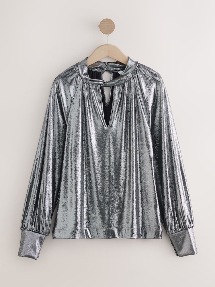 Silver Long Sleeve Twist Neck Metallic Lame Blouse - Image 1 of 4