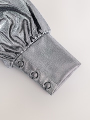 Silver Long Sleeve Twist Neck Metallic Lame Blouse - Image 4 of 4