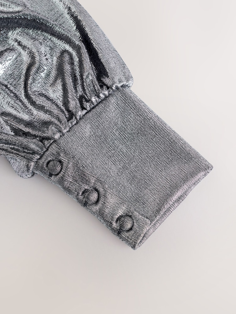 Silver Long Sleeve Twist Neck Metallic Lame Blouse - Image 4 of 4