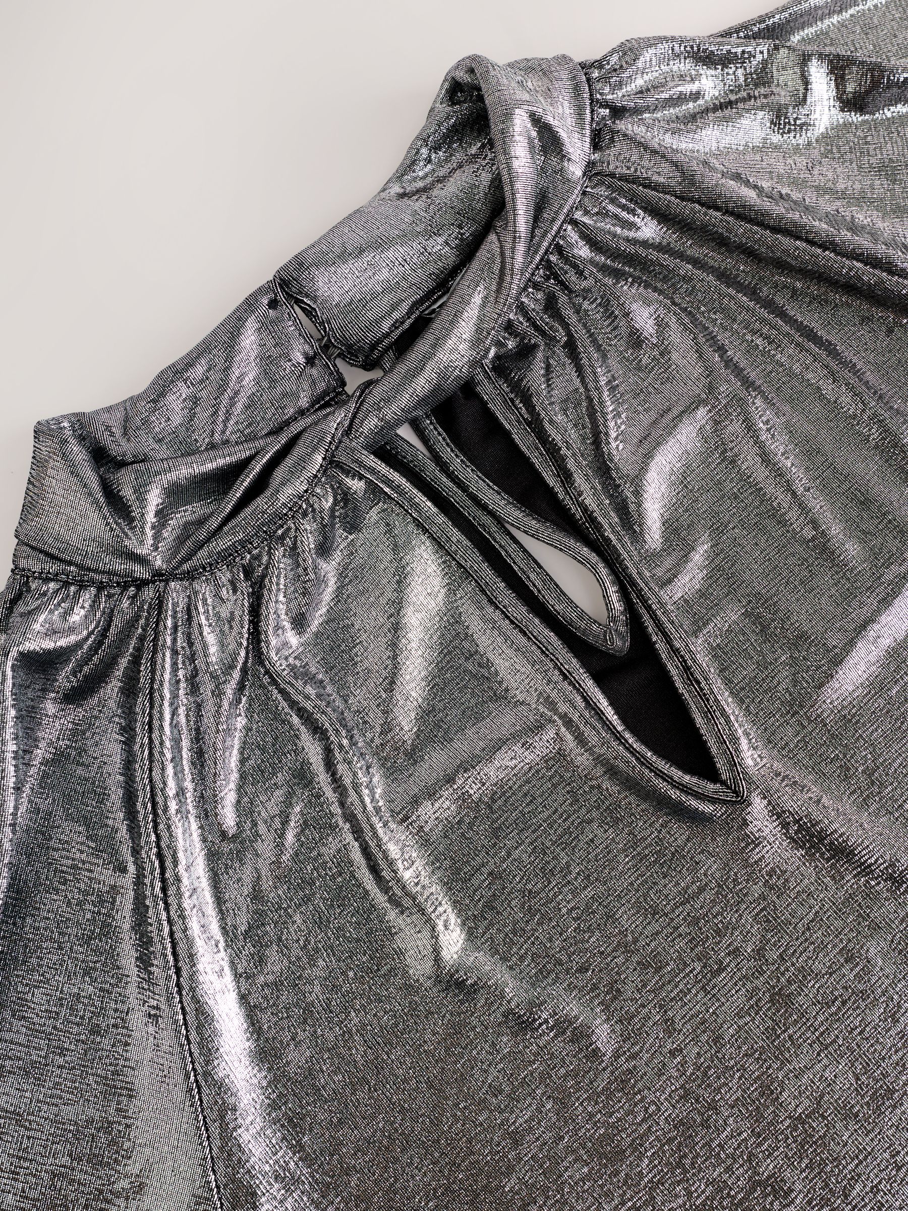 Buy Silver Metallic Long Sleeve Twist Neck Metallic Lame Blouse