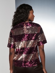Berry Red/Gold Stripe Sequin Boxy Crew Neck T-Shirt - Image 4 of 8