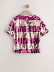 Berry Red/Gold Stripe Sequin Boxy Crew Neck T-Shirt - Image 6 of 8