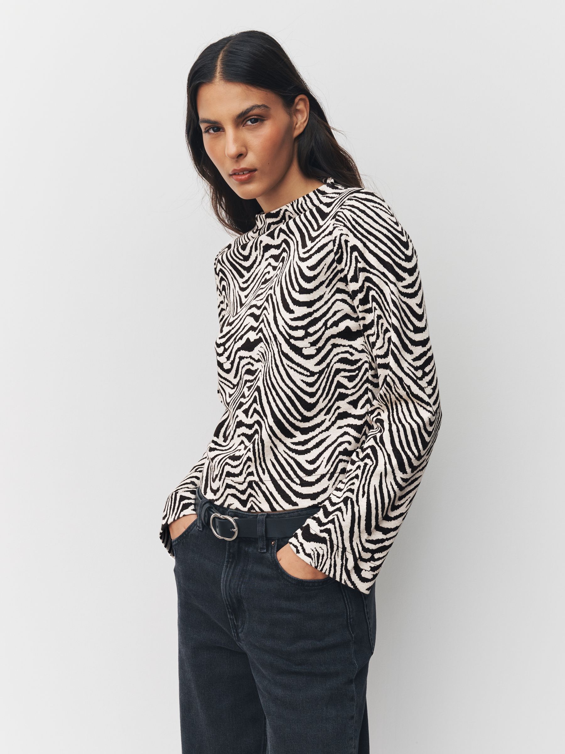 Buy Chocolate Brown Zebra Print Jacquard High Neck Long Sleeve Top