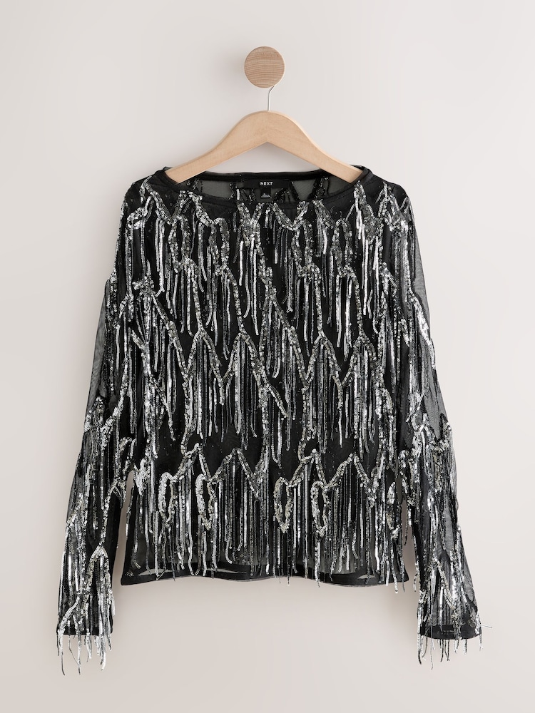 Silver Sequin Tassle Long Sleeve Slash Neck Top - Image 1 of 3