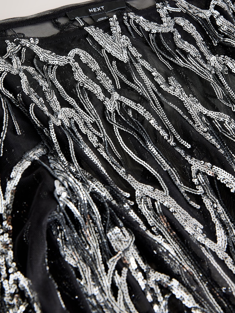 Silver Sequin Tassle Long Sleeve Slash Neck Top - Image 2 of 3