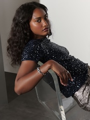 Navy Short Sleeve Slash Neck Sequin T-Shirt - Image 1 of 9