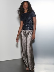 Navy Short Sleeve Slash Neck Sequin T-Shirt - Image 3 of 9