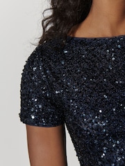 Navy Short Sleeve Slash Neck Sequin T-Shirt - Image 6 of 9